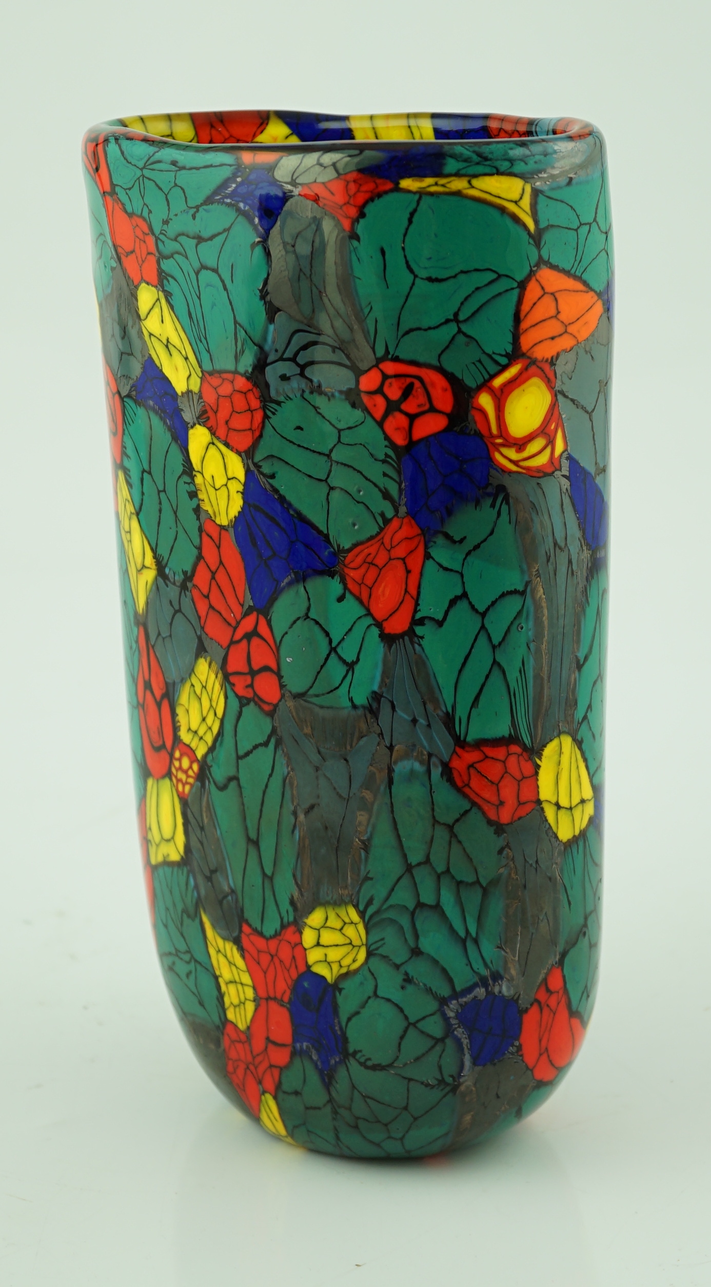 Vittorio Ferro (1932-2012) A Murano glass Murrine vase, cylindrical, with a multicoloured design, signed, 29cm, Please note this lot attracts an additional import tax of 20% on the hammer price